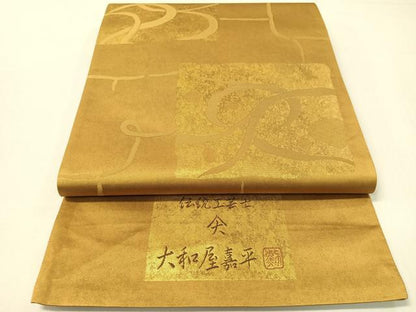 平和屋着物●伝統工芸士　大和屋嘉平　六通柄袋帯　陶板文　金彩　引箔　正絹　逸品　未使用　CABG7840vp