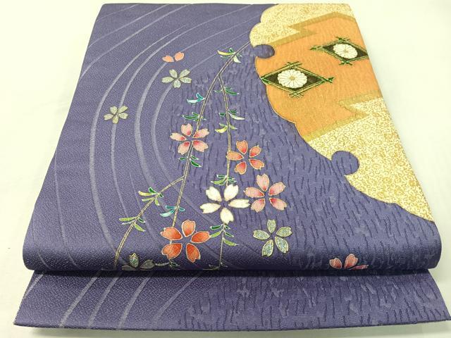 平和屋着物●両面　太鼓柄袋帯　流水雪輪花文　銀通し地　正絹　逸品　未使用　CABG7845vp