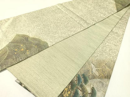 平和屋着物●太鼓柄袋帯　刺繍　飛鶴浜松文　金銀彩　正絹　逸品　CABG7852vp