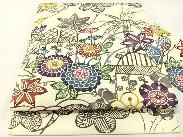 平和屋着物●塩瀬　全通柄　九寸名古屋帯　紅型　草花文　ますいわ屋扱い　正絹　逸品　CABG7865vp
