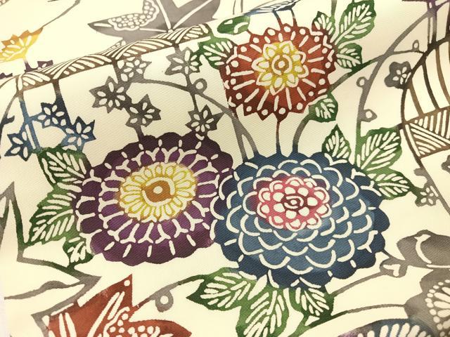 平和屋着物●塩瀬　全通柄　九寸名古屋帯　紅型　草花文　ますいわ屋扱い　正絹　逸品　CABG7865vp