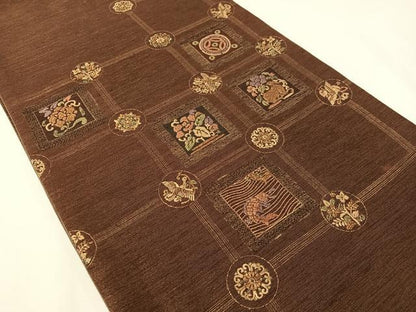 平和屋着物●太鼓柄袋帯　刺繍　紬地　動物更紗吉祥文　金糸　正絹　逸品　CABG7869vp