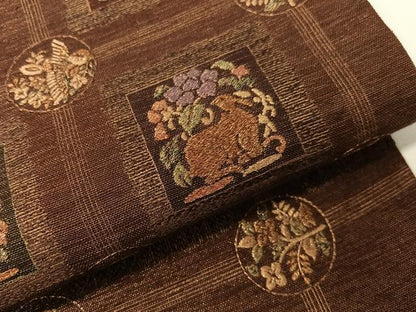 平和屋着物●太鼓柄袋帯　刺繍　紬地　動物更紗吉祥文　金糸　正絹　逸品　CABG7869vp