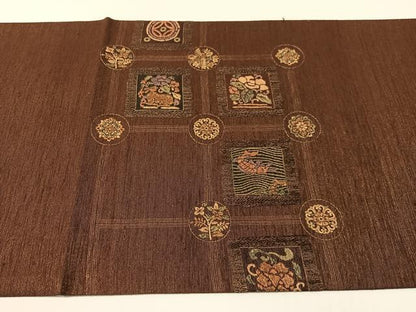 平和屋着物●太鼓柄袋帯　刺繍　紬地　動物更紗吉祥文　金糸　正絹　逸品　CABG7869vp