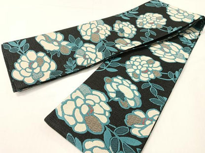 平和屋着物●両面　半幅帯　草花文　黒地　やまと誂製　正絹　逸品　CABG7873vp