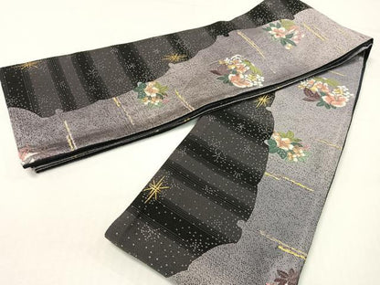 平和屋着物●両面　半幅帯　花鳥文　金糸　やまと誂製　正絹　逸品　CABG7874vp