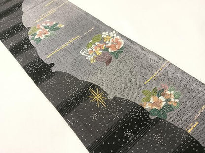 平和屋着物●両面　半幅帯　花鳥文　金糸　やまと誂製　正絹　逸品　CABG7874vp