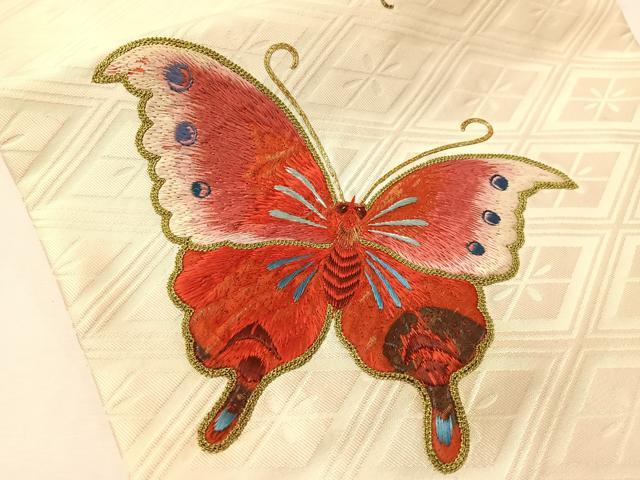 平和屋着物●アンティーク　大正ロマン　総刺繍　手刺繍　駒刺繍　太鼓柄京袋帯　舞蝶文　金糸　正絹　逸品　CABG7882vp