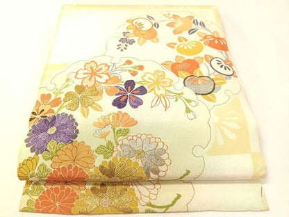 平和屋着物●アンティーク　大正ロマン　丸帯　刺繍　雪輪花文　金銀糸　引き抜き帯　正絹　逸品　CABG7883vp