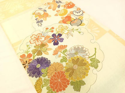 平和屋着物●アンティーク　大正ロマン　丸帯　刺繍　雪輪花文　金銀糸　引き抜き帯　正絹　逸品　CABG7883vp