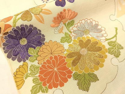 平和屋着物●アンティーク　大正ロマン　丸帯　刺繍　雪輪花文　金銀糸　引き抜き帯　正絹　逸品　CABG7883vp
