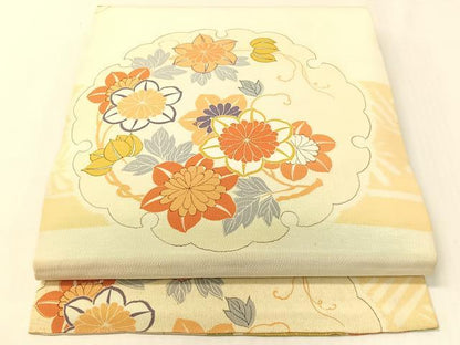 平和屋着物●アンティーク　大正ロマン　丸帯　刺繍　雪輪花文　金銀糸　引き抜き帯　正絹　逸品　CABG7883vp