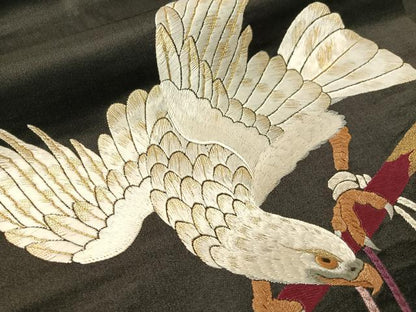 平和屋着物●アンティーク　大正ロマン　総手刺繍　九寸名古屋帯　鷹　黒地　金糸　正絹　逸品　CABG7885vp