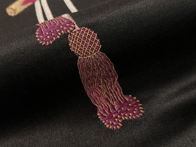 平和屋着物●アンティーク　大正ロマン　総手刺繍　九寸名古屋帯　鷹　黒地　金糸　正絹　逸品　CABG7885vp