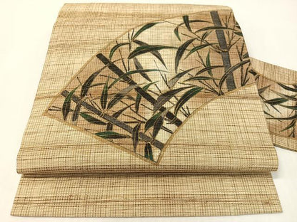 平和屋着物●室華風　九寸名古屋帯　手描き　紬地　地紙笹竹文　金彩　正絹　逸品　CABG7887vp