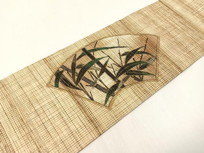 平和屋着物●室華風　九寸名古屋帯　手描き　紬地　地紙笹竹文　金彩　正絹　逸品　CABG7887vp
