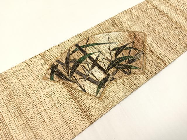 平和屋着物●室華風　九寸名古屋帯　手描き　紬地　地紙笹竹文　金彩　正絹　逸品　CABG7887vp