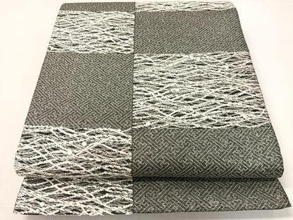 平和屋着物●両面　六通柄袋帯　唐織　市松吉祥文　銀糸　正絹　逸品　CABG7891vp