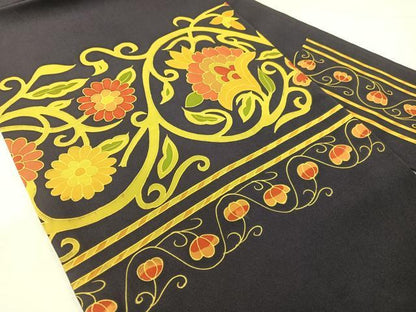 平和屋着物●塩瀬　九寸名古屋帯　刺繍　更紗唐草文　金糸　濃紺地　正絹　逸品　未使用　CABG7900vp