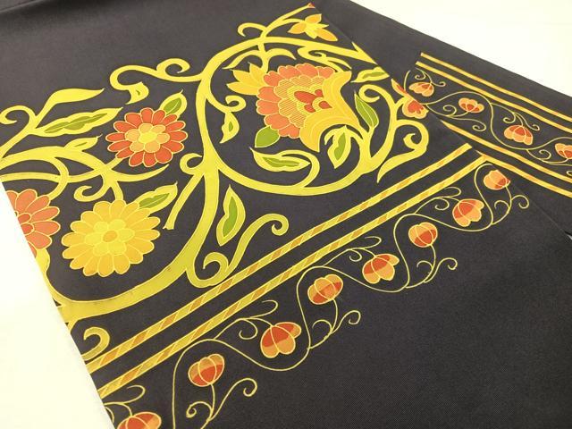 平和屋着物●塩瀬　九寸名古屋帯　刺繍　更紗唐草文　金糸　濃紺地　正絹　逸品　未使用　CABG7900vp