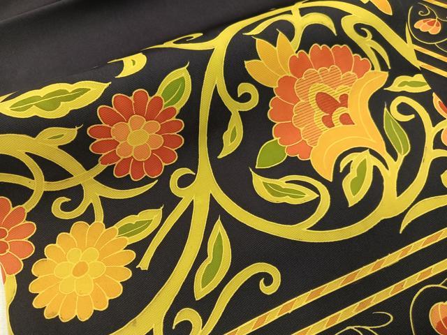 平和屋着物●塩瀬　九寸名古屋帯　刺繍　更紗唐草文　金糸　濃紺地　正絹　逸品　未使用　CABG7900vp