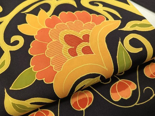 平和屋着物●塩瀬　九寸名古屋帯　刺繍　更紗唐草文　金糸　濃紺地　正絹　逸品　未使用　CABG7900vp