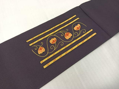 平和屋着物●塩瀬　九寸名古屋帯　刺繍　更紗唐草文　金糸　濃紺地　正絹　逸品　未使用　CABG7900vp