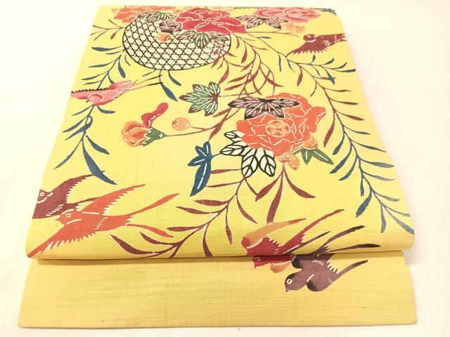 平和屋着物●九寸開き名古屋帯　紬地　紅型　花篭鳥文　正絹　逸品　CABG7902vp