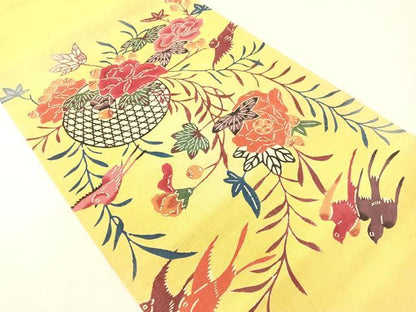 平和屋着物●九寸開き名古屋帯　紬地　紅型　花篭鳥文　正絹　逸品　CABG7902vp