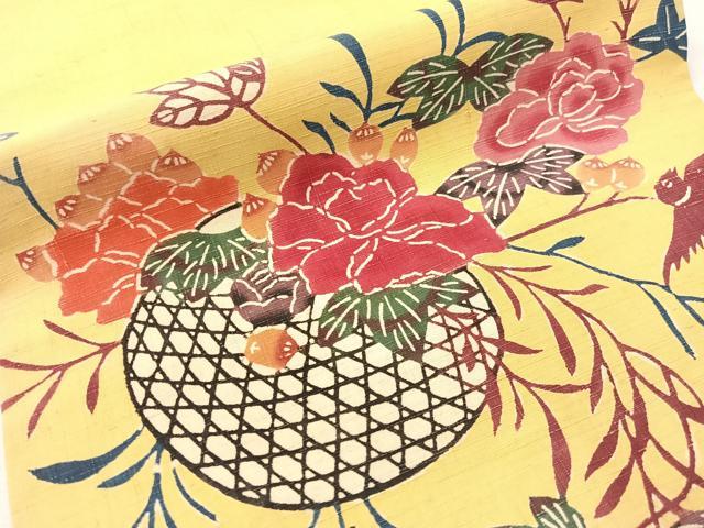 平和屋着物●九寸開き名古屋帯　紬地　紅型　花篭鳥文　正絹　逸品　CABG7902vp