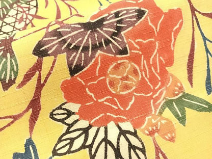平和屋着物●九寸開き名古屋帯　紬地　紅型　花篭鳥文　正絹　逸品　CABG7902vp