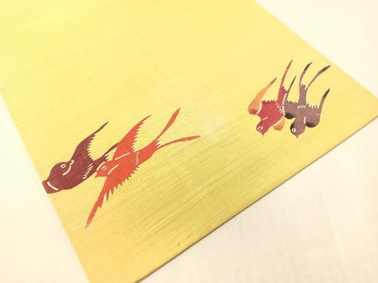 平和屋着物●九寸開き名古屋帯　紬地　紅型　花篭鳥文　正絹　逸品　CABG7902vp