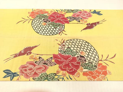 平和屋着物●九寸開き名古屋帯　紬地　紅型　花篭鳥文　正絹　逸品　CABG7902vp