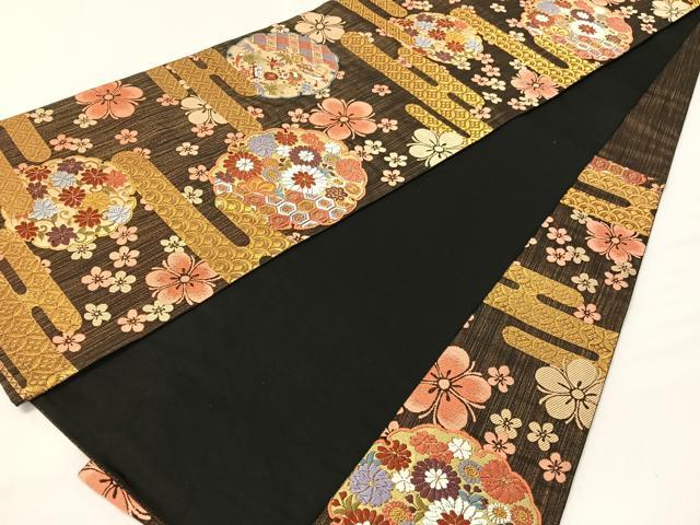 平和屋着物●六通柄袋帯　唐織　雪輪霞花文　黒地　金糸　正絹　逸品　CABG7904vp