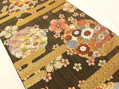 平和屋着物●六通柄袋帯　唐織　雪輪霞花文　黒地　金糸　正絹　逸品　CABG7904vp
