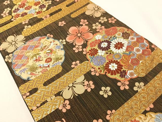 平和屋着物●六通柄袋帯　唐織　雪輪霞花文　黒地　金糸　正絹　逸品　CABG7904vp
