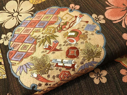 平和屋着物●六通柄袋帯　唐織　雪輪霞花文　黒地　金糸　正絹　逸品　CABG7904vp