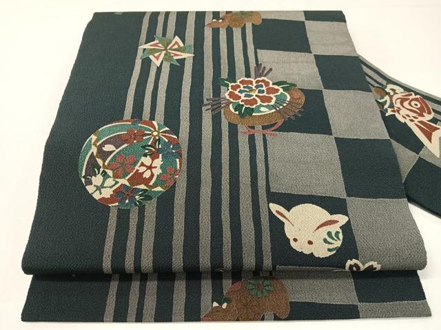 平和屋着物●全通柄　九寸名古屋帯　市松玩具文　鬼しぼ縮緬　正絹　逸品　CABG7908vp
