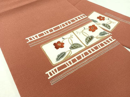 平和屋着物●九寸名古屋帯　刺繍　草花文　鬼しぼ縮緬　正絹　逸品　CABG7910vp