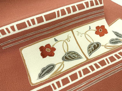 平和屋着物●九寸名古屋帯　刺繍　草花文　鬼しぼ縮緬　正絹　逸品　CABG7910vp