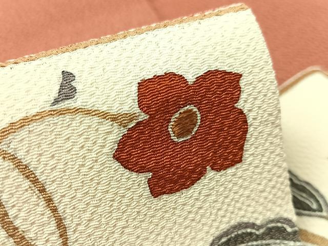 平和屋着物●九寸名古屋帯　刺繍　草花文　鬼しぼ縮緬　正絹　逸品　CABG7910vp