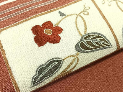平和屋着物●九寸名古屋帯　刺繍　草花文　鬼しぼ縮緬　正絹　逸品　CABG7910vp