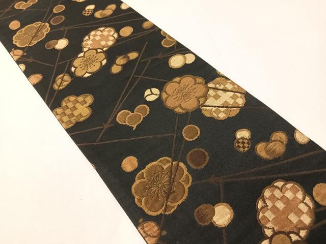 平和屋着物●半幅帯　梅松葉　黒地　正絹　逸品　CABG7913vp