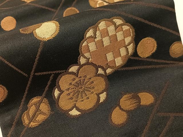 平和屋着物●半幅帯　梅松葉　黒地　正絹　逸品　CABG7913vp