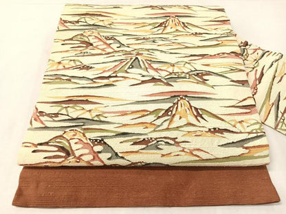 平和屋着物●九寸名古屋帯　紬地　型染め　重ね山文　正絹　逸品　CABG7919vp