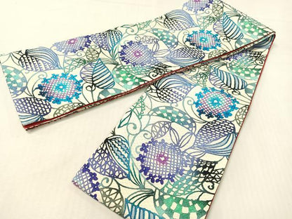 平和屋着物●両面　半幅帯　型染め　草花文　正絹　逸品　未使用　CABG7952vp