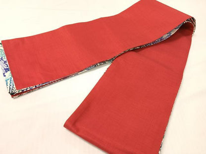 平和屋着物●両面　半幅帯　型染め　草花文　正絹　逸品　未使用　CABG7952vp