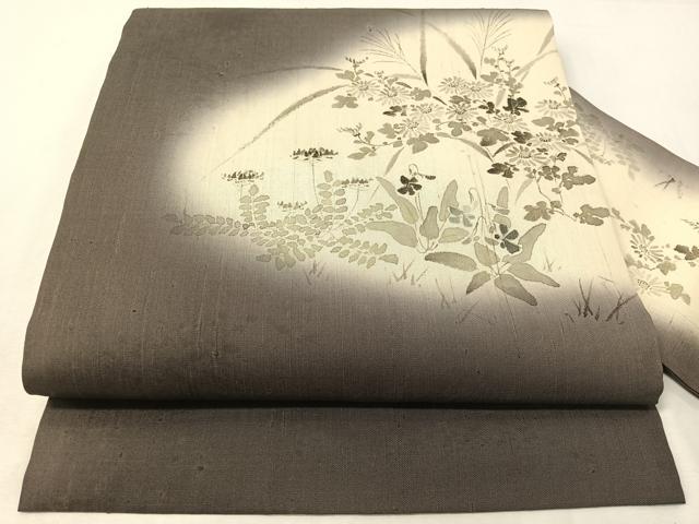 平和屋着物●九寸名古屋帯　手描き　紬地　草花文　正絹　逸品　CABG7973vp