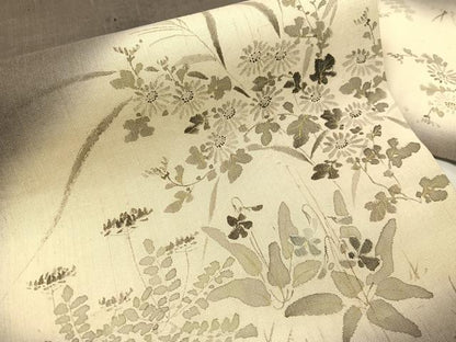 平和屋着物●九寸名古屋帯　手描き　紬地　草花文　正絹　逸品　CABG7973vp