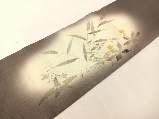 平和屋着物●九寸名古屋帯　手描き　紬地　草花文　正絹　逸品　CABG7973vp
